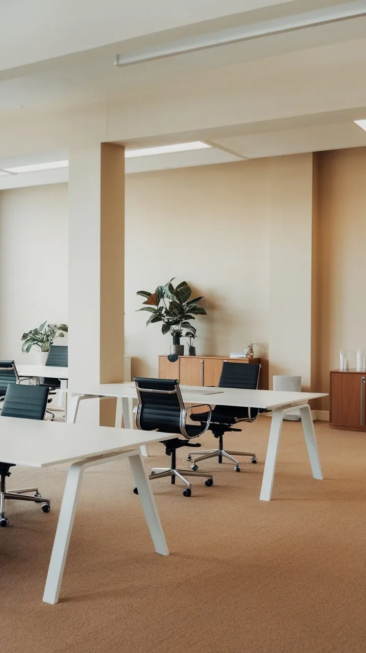 In this open-plan office, a serene neutral palette and strategic greenery harmoniously blend modern design with functional brilliance to inspire creativity.