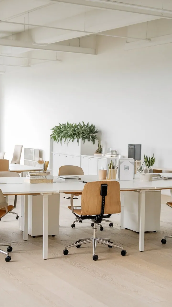 Bathed in sunlight, this minimalist workspace blends clean lines and greenery to foster focus, productivity, and flourishing ideas.