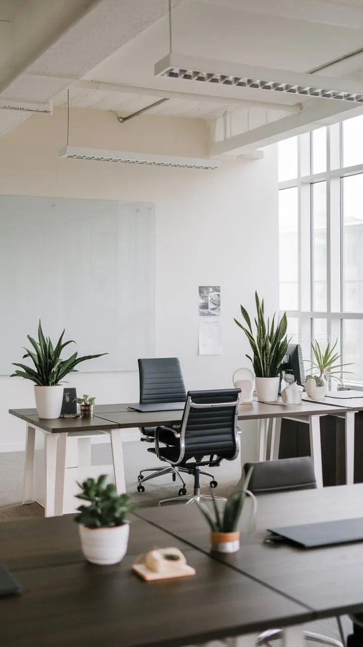This modern office blends clean lines, natural light, and greenery to create a serene environment that inspires focus and collaboration.