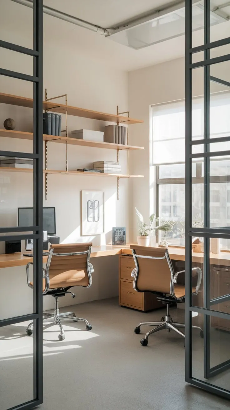 Sunlight floods a modern minimalist office featuring sleek workstations and a thoughtfully designed workspace.
