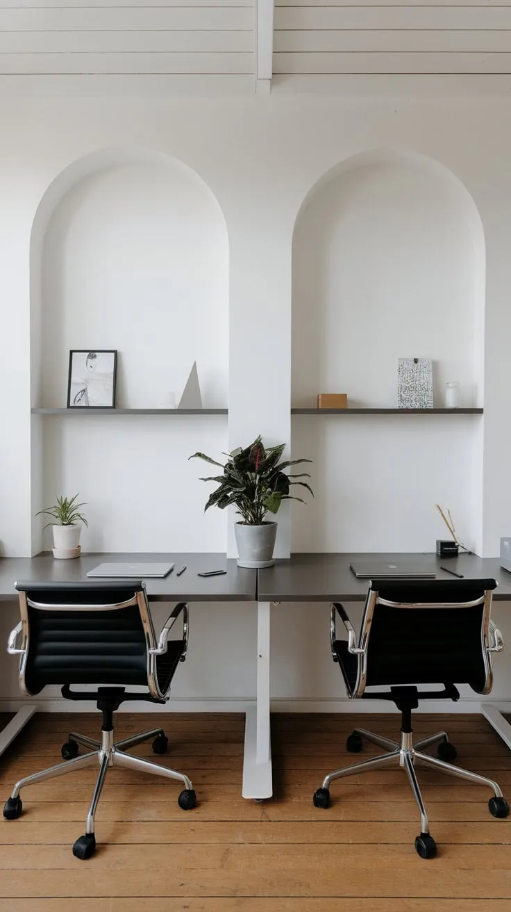 Two sleek workstations, minimalist plants, and essential tools define this clean, modern office space