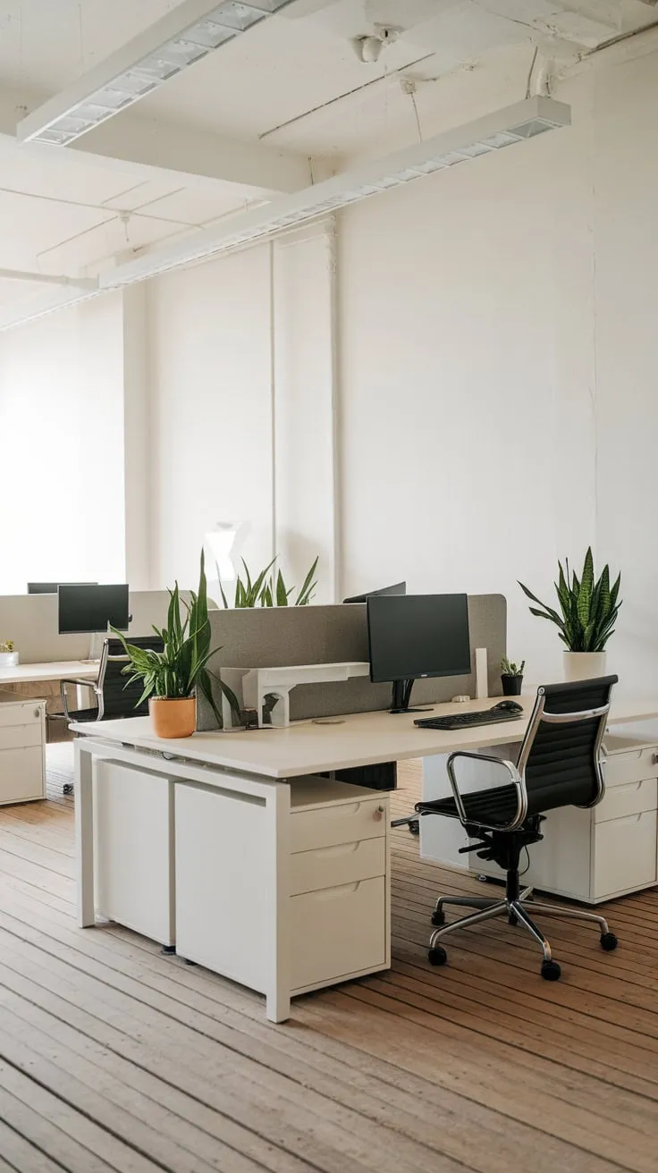 A minimalist office design maximizes space with simple workstations and pops of greenery.