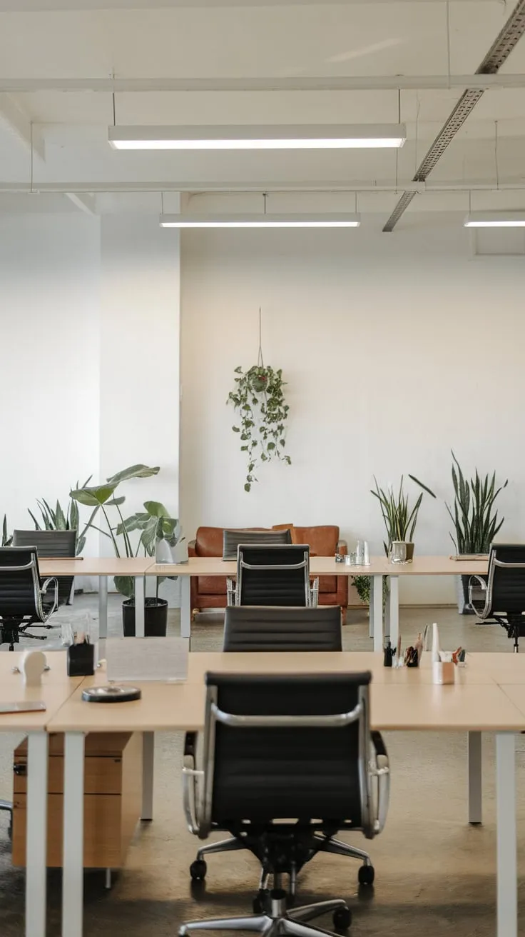 A modern minimalist office features clean lines, open workstations, and pops of nature for a functional yet serene workspace.