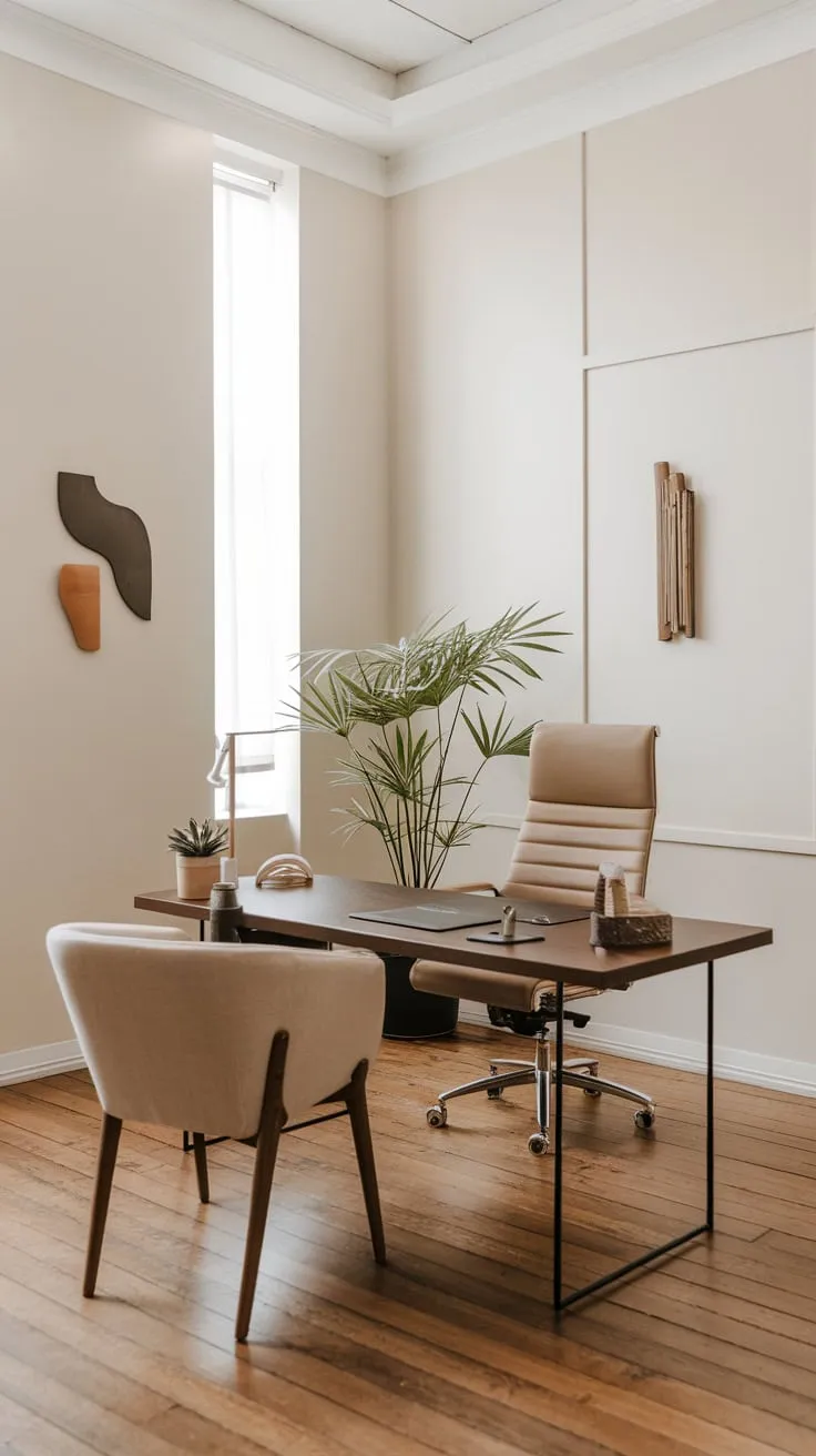 Clean lines and essential furniture define this minimalist workspace, fostering focus and calm.