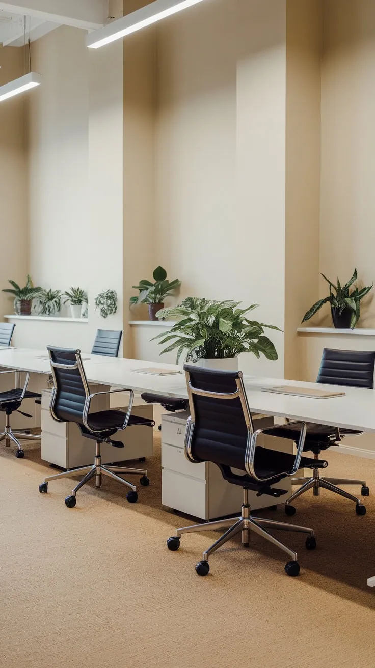 Brightly lit beige office features five minimalist white workstations each accented with a black chair and a touch of green.