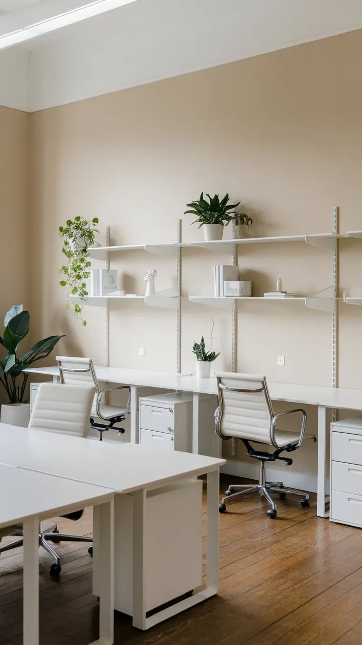 A serene beige-walled office features minimalist white workstations, hardwood floors, and subtle greenery.