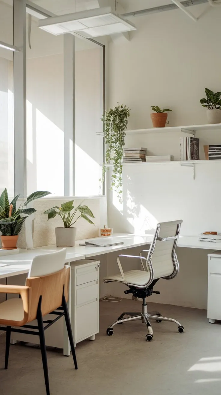 A bright white workspace, punctuated by minimal furniture and potted plants, creates a serene and productive minimalist office.