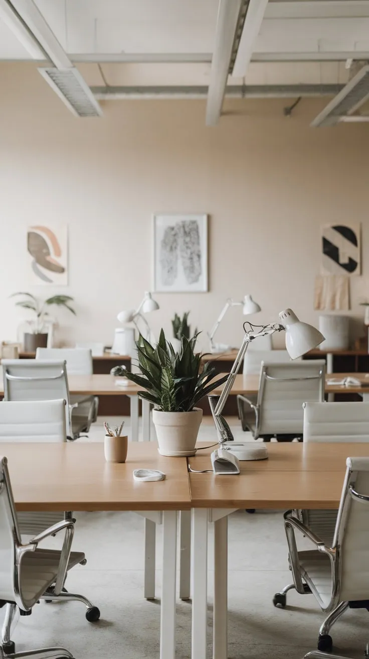 A bright beige office boasts minimalist design with open workstations, natural light, and small touches of greenery.