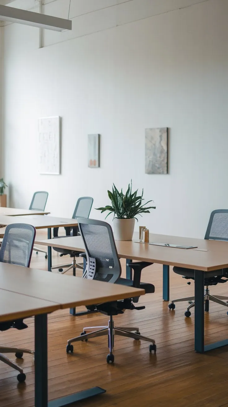 Sleek wooden desks, ergonomic chairs, and pops of green create a calming minimalist office haven.