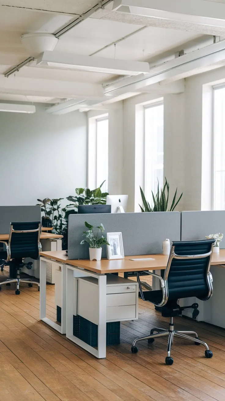 Clean lines, hardwood floors, and strategically placed greenery define this minimalist open-plan office's modern workstations
