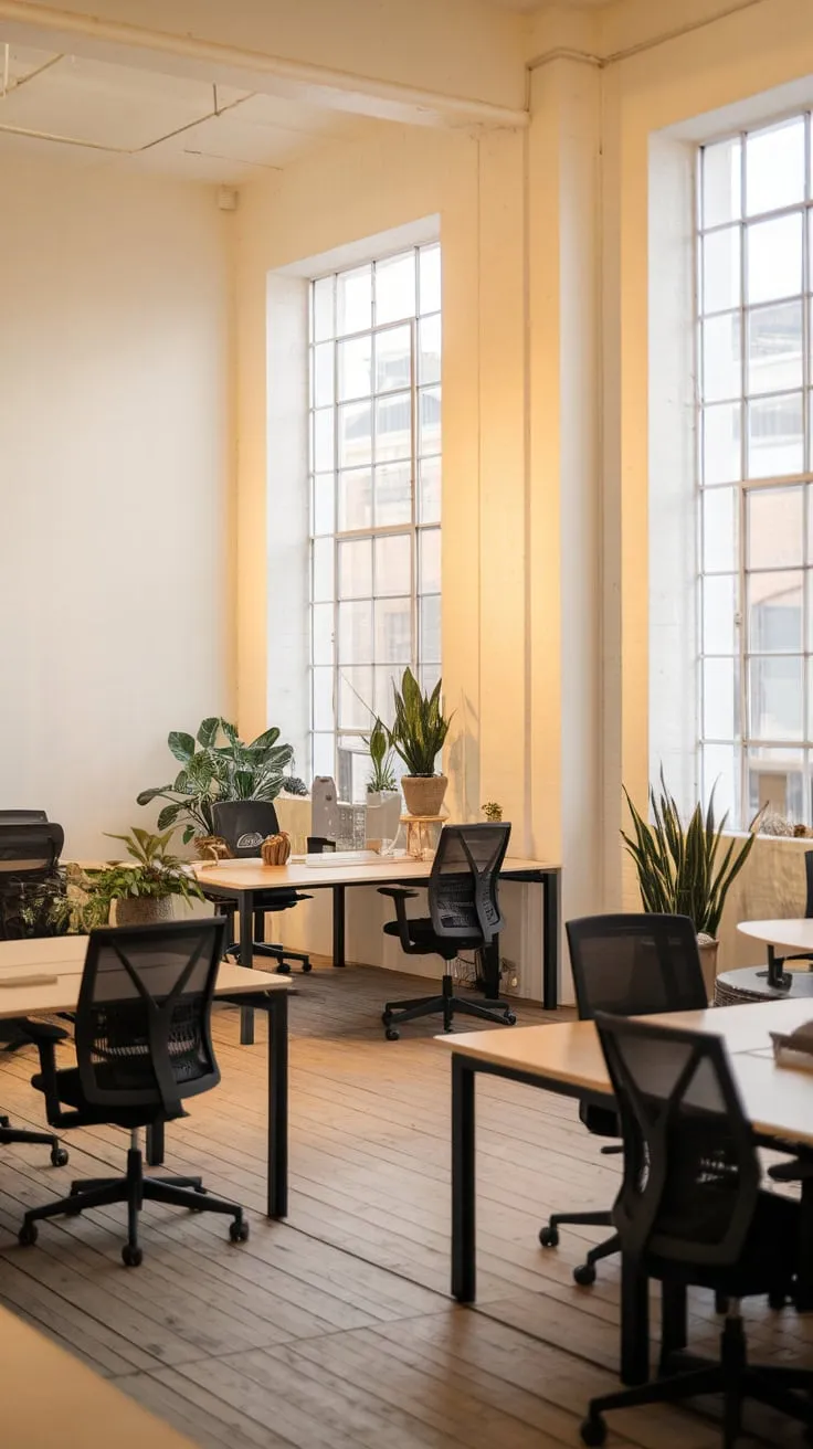 A modern, light-filled minimalist office boasts simple workstations, wooden floors, and touches of nature.