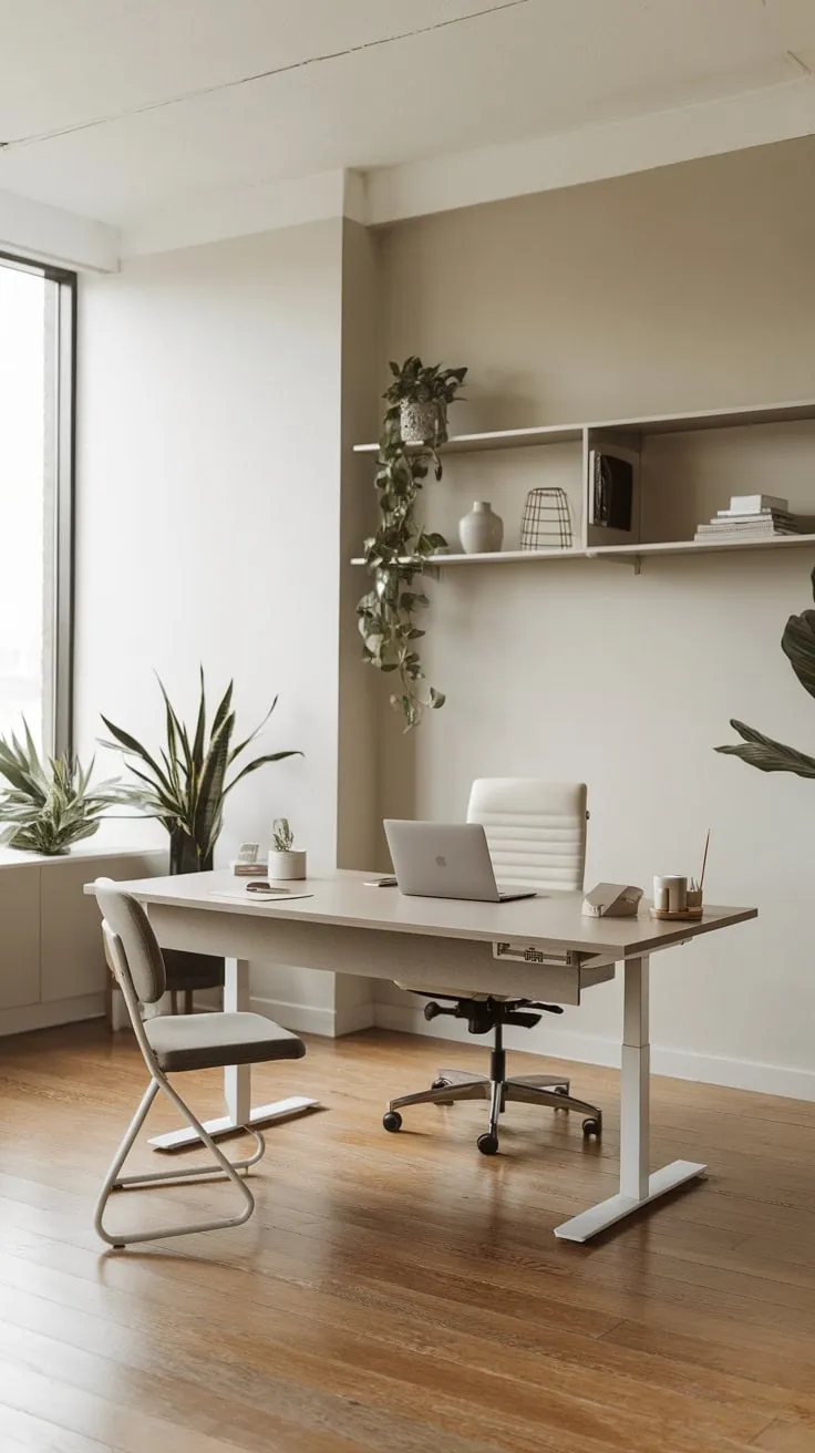 A spacious, bright office features a simple desk setup and a few plants, maximizing functionality and calm.