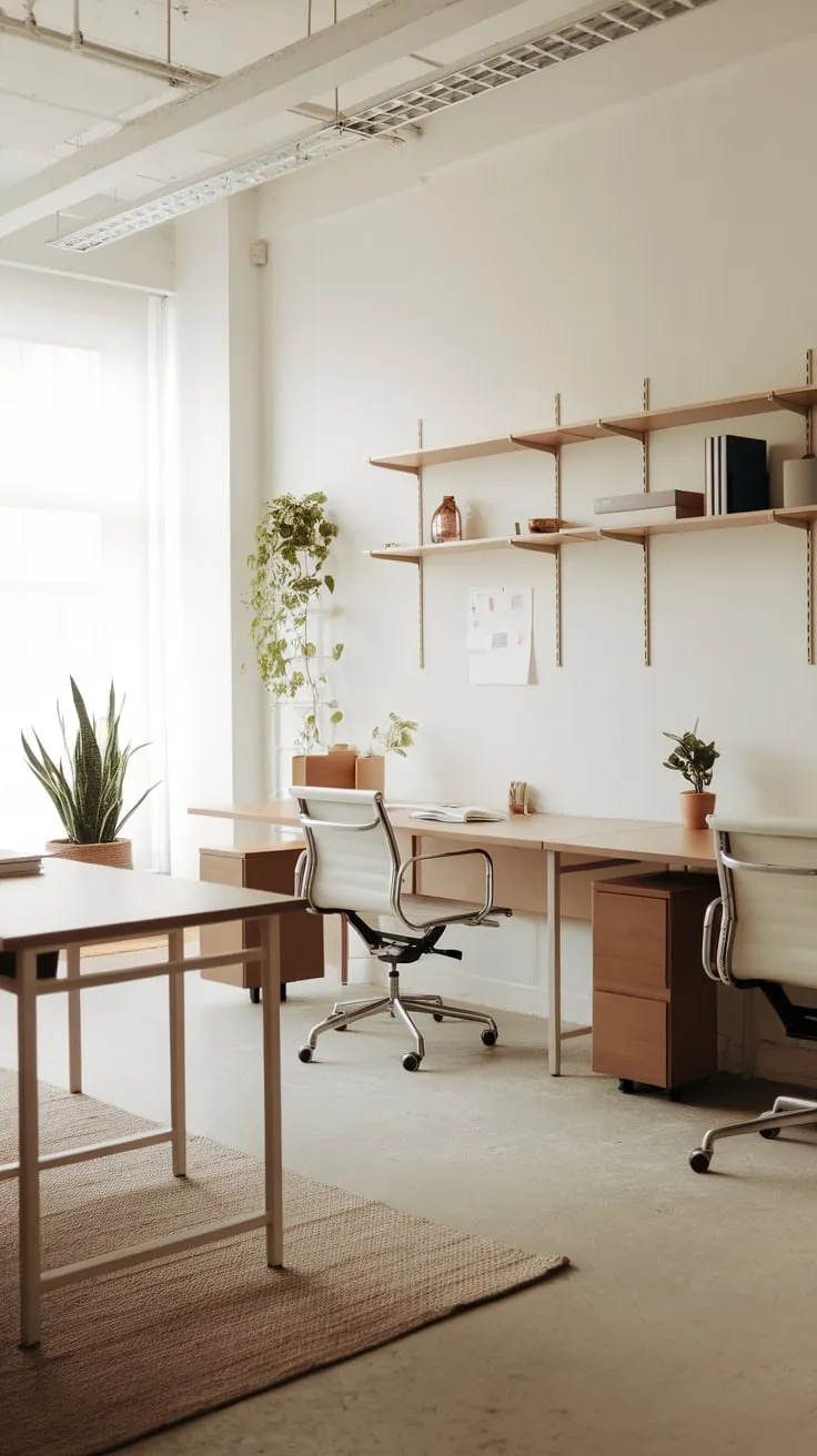 Clean lines and a few carefully chosen elements define this modern minimalist office.