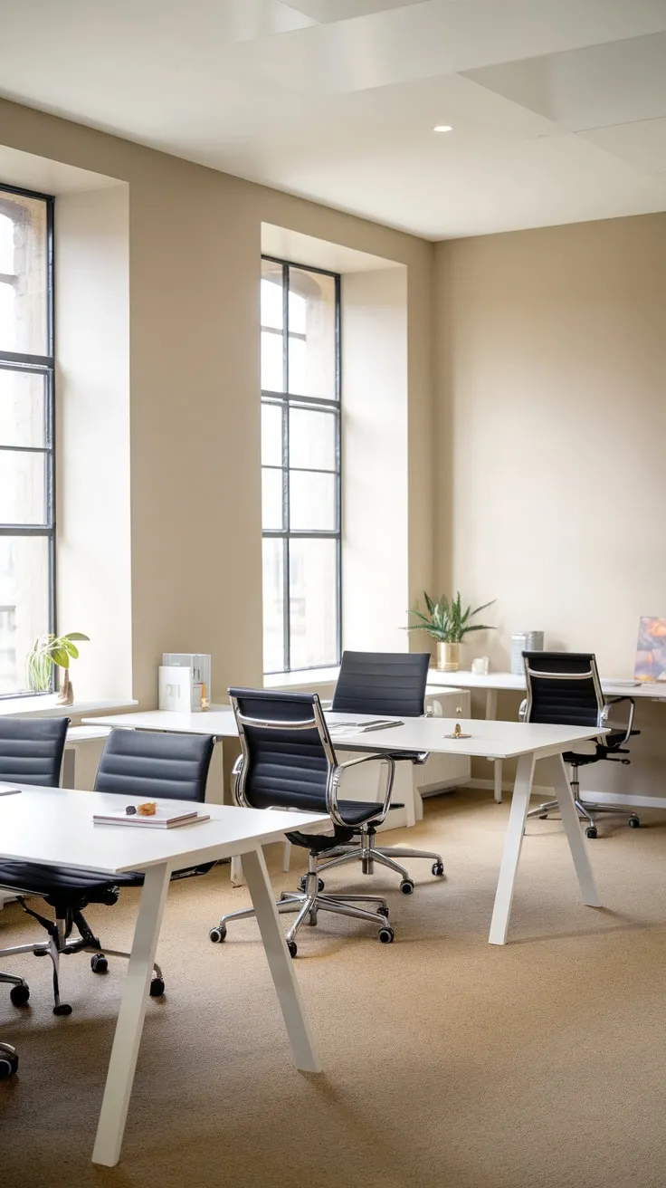 Sunlight streams into a minimalist office featuring sleek white workstations, black chairs, and subtle personal touches.