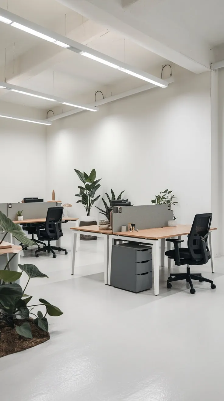 Brightly lit minimalist workstations featuring wood and black accents create a serene and efficient office space