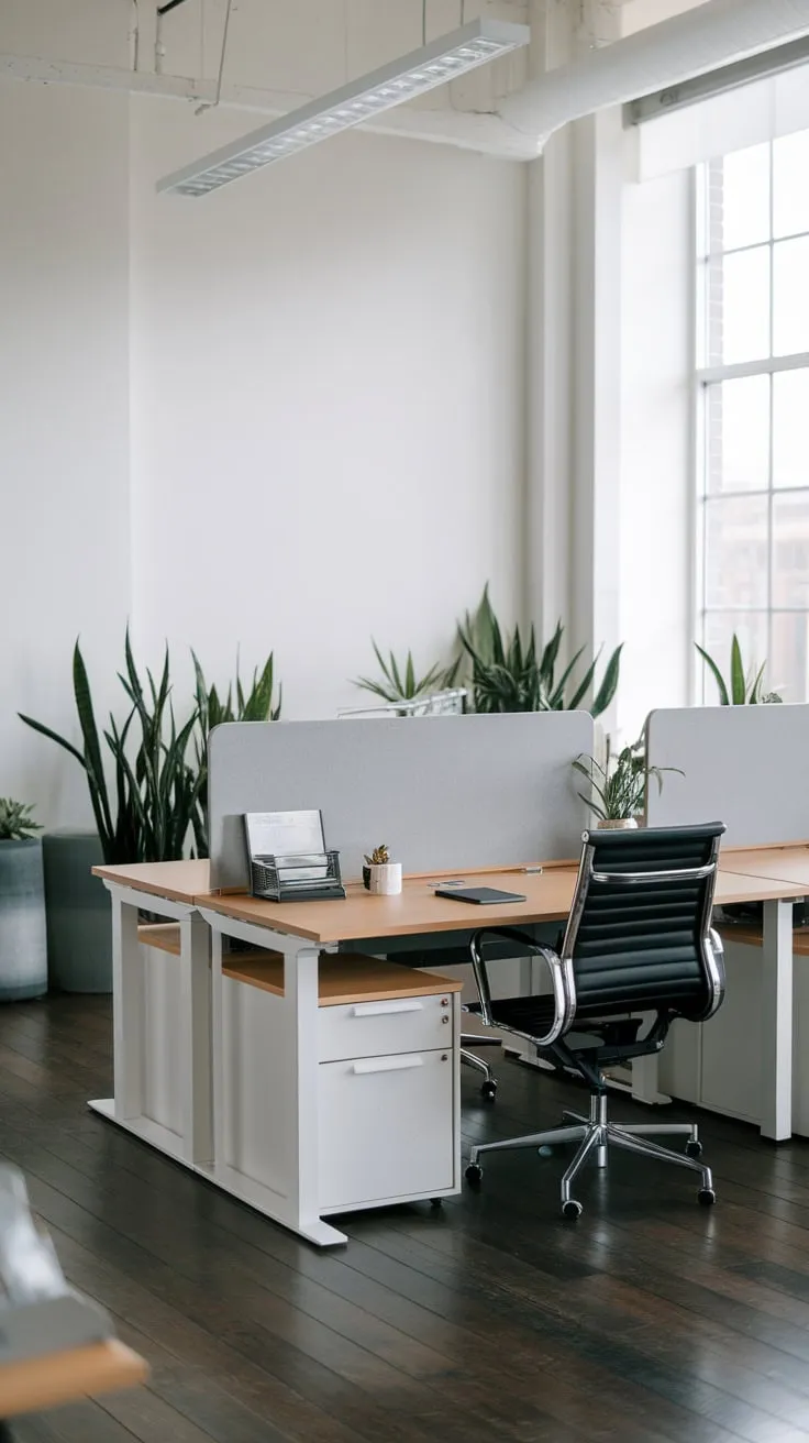 Clean lines and natural light define this minimalist office, its modern workstations showcasing functionality over excess