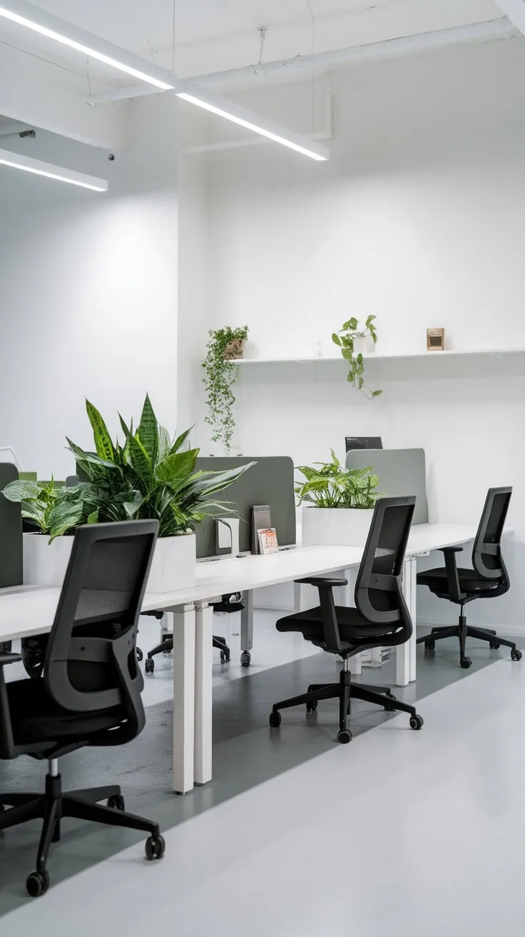 Bright white space showcases sleek modern workstations accented by greenery and minimal décor
