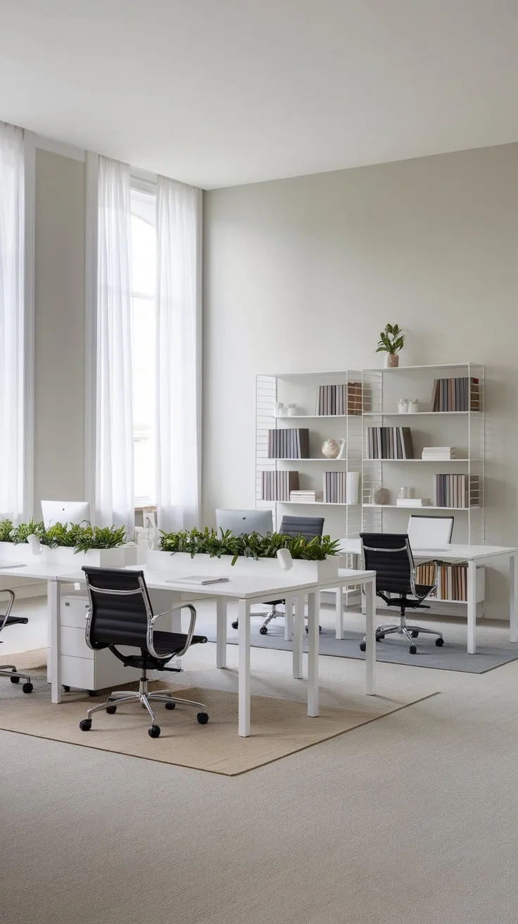 Clean lines and calming neutrals define this minimalist office, featuring modern workstations and pops of green against a backdrop of light gray walls and ample natural light