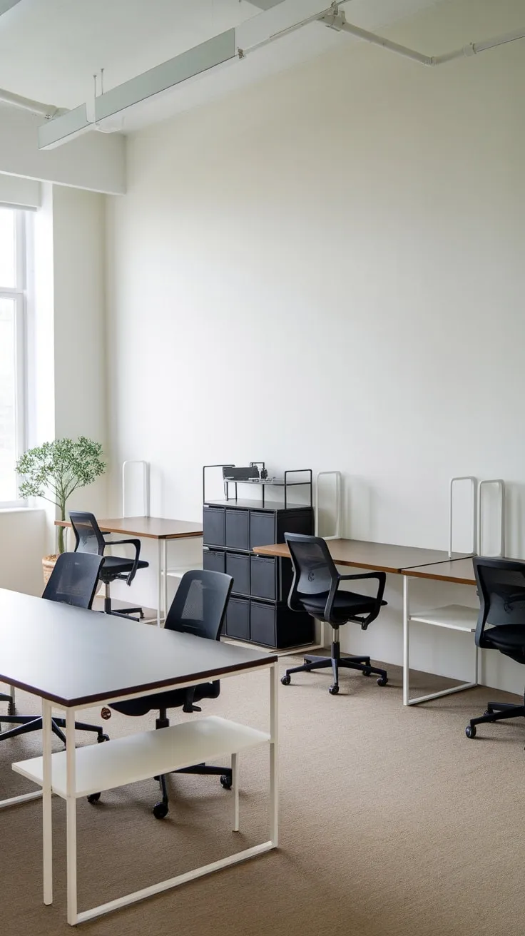 A minimalist office design showcases four modern workstations, unified by a simple color palette and functional storage.