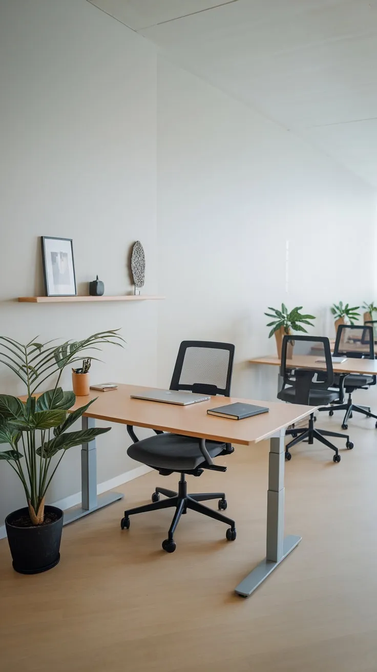 A serene minimalist office boasts modern desks, simple decor, and natural light, creating a productive workspace.