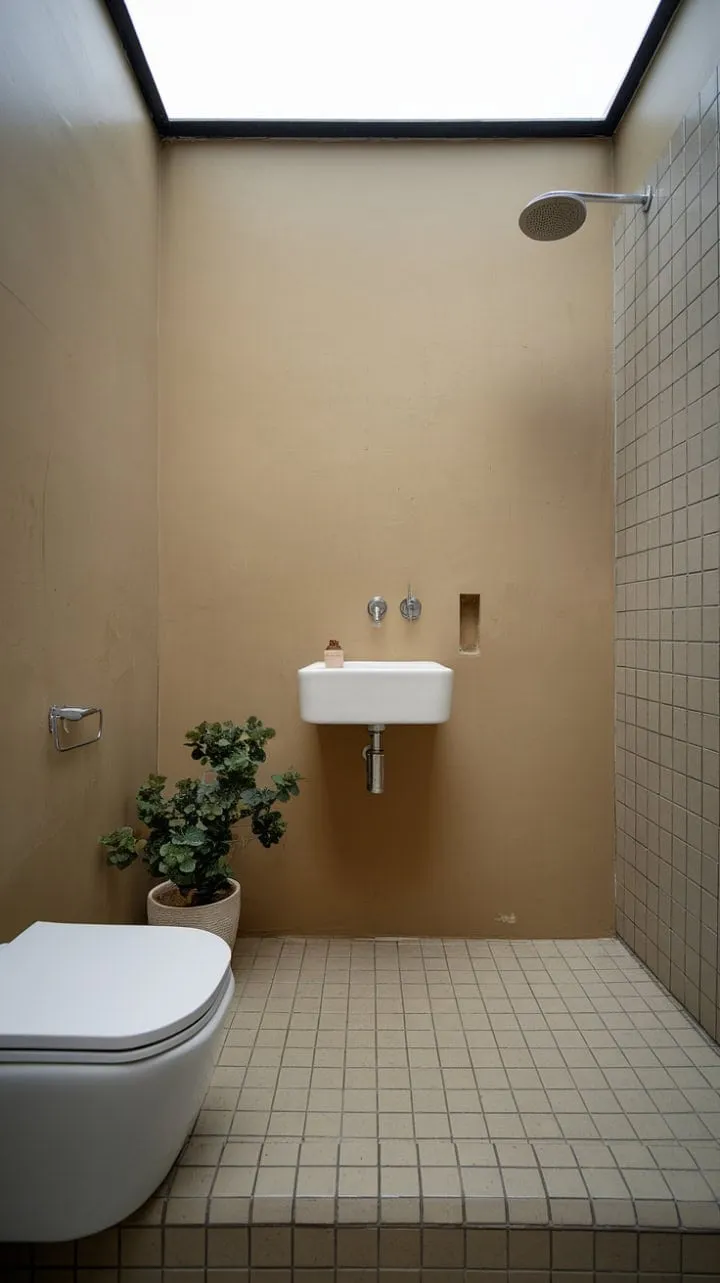 This minimalist bathroom, with its clean lines, soothing greenery, and gentle natural light, offers a serene sanctuary that beautifully marries functionality with understated elegance.