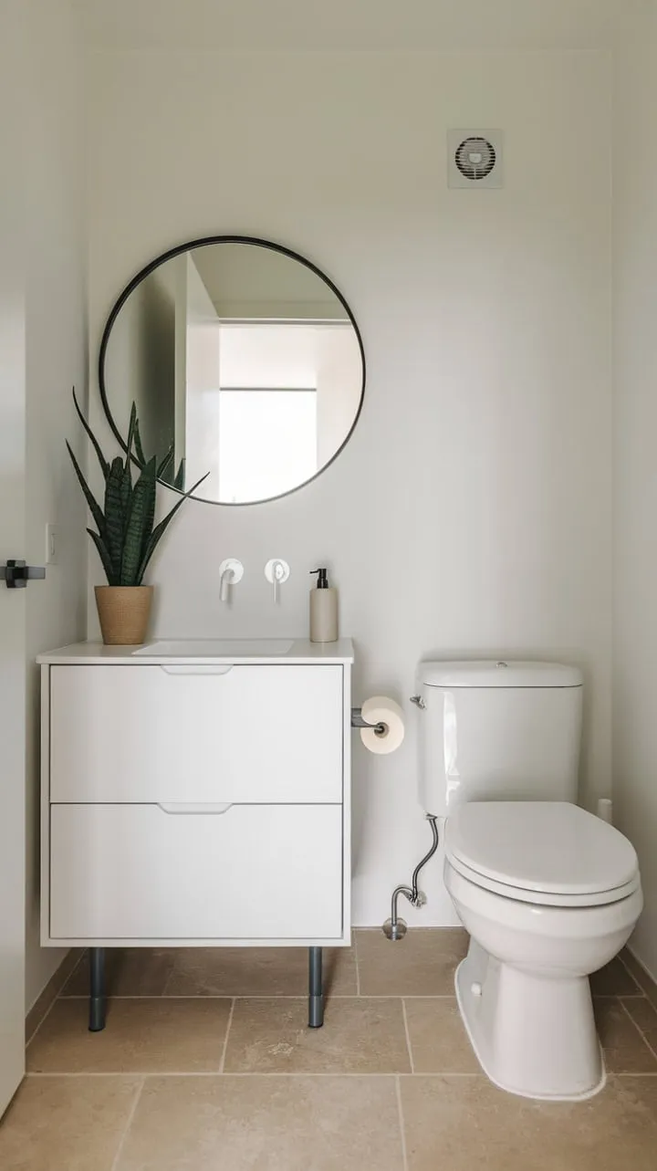 This elegantly minimalist bathroom, with its white vanity and soothing beige tiles, transforms a small space into a serene sanctuary for quiet contemplation.