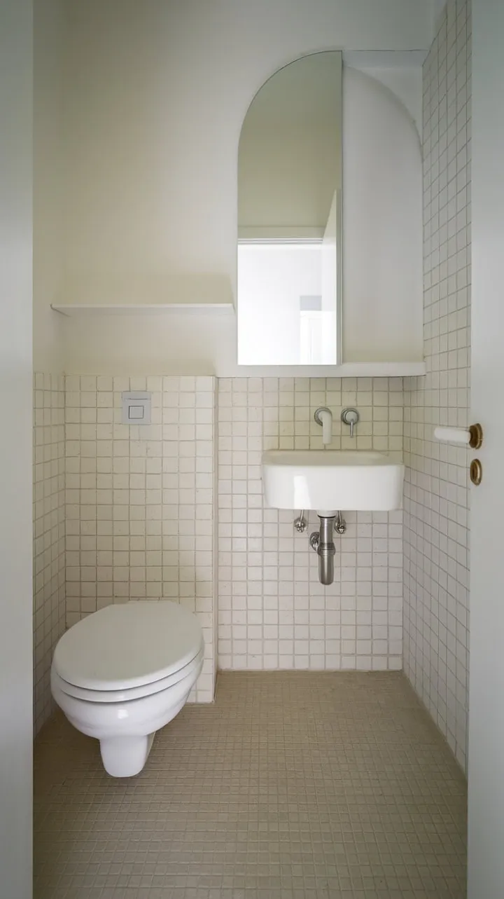 This serene all-white bathroom embodies minimalist elegance, offering a tranquil retreat with its spacious design and warm beige accents.