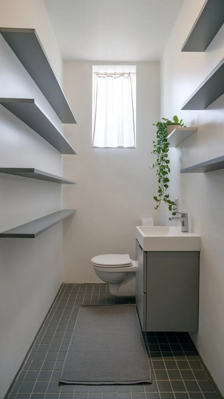 This small bathroom embodies serene simplicity with its clean white surfaces, grey accents, and a lively potted plant, creating a calming sanctuary of understated elegance.