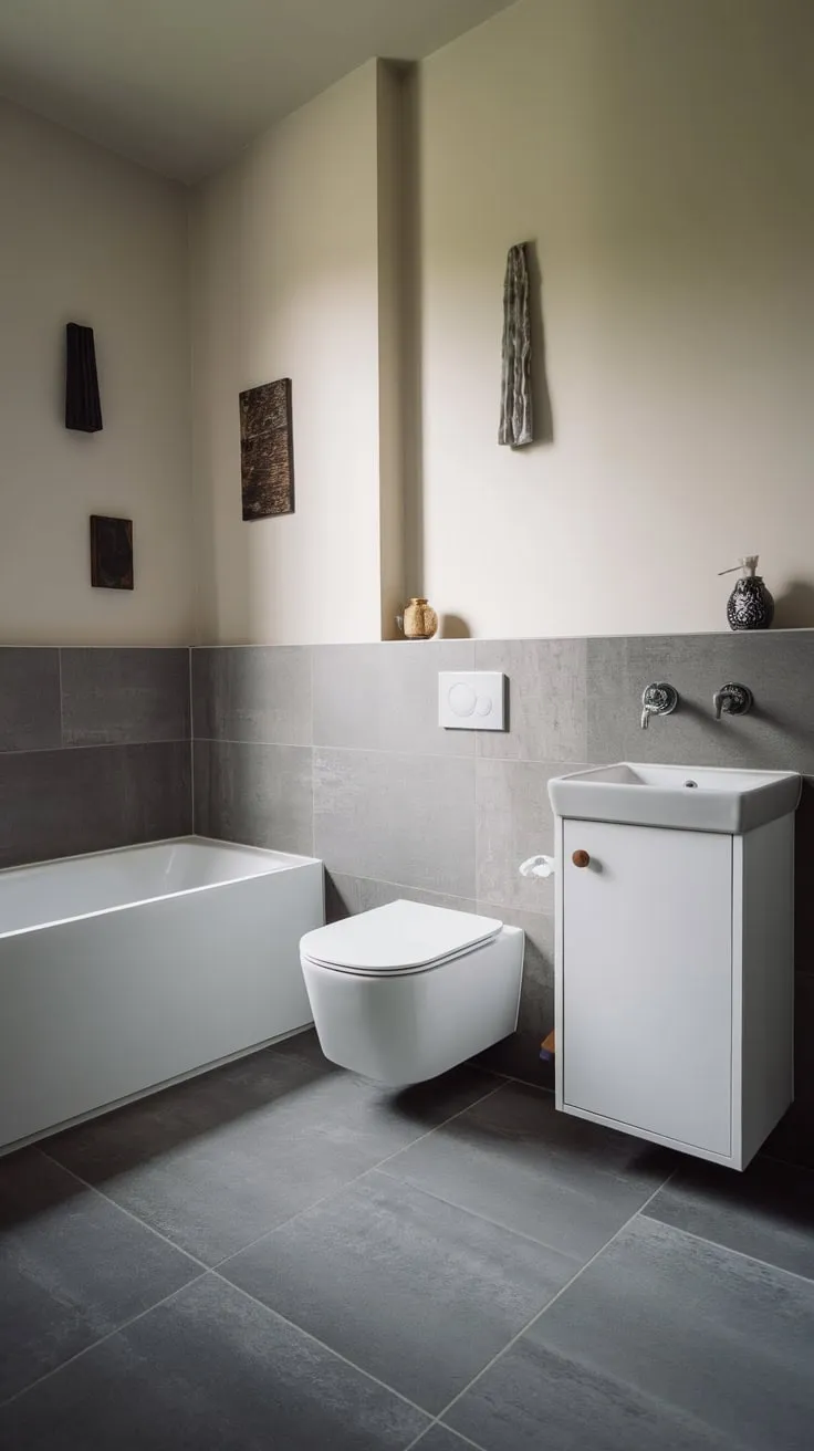 Soft lighting illuminates a serene small bathroom featuring a white bathtub, wall-mounted toilet, and minimalist vanity, all set against grey tiles and sparse décor.