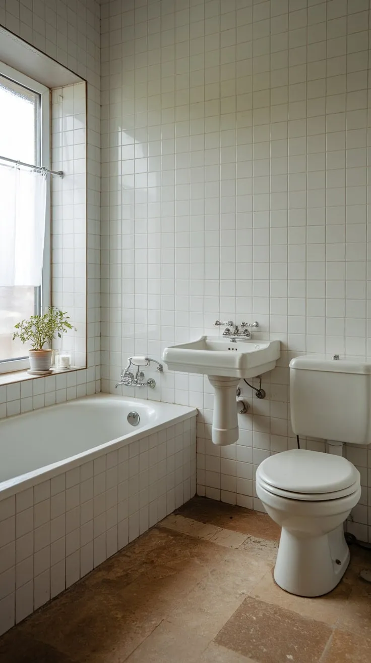 Clean white lines and a tiny plant create a serene minimalist haven in this small bathroom