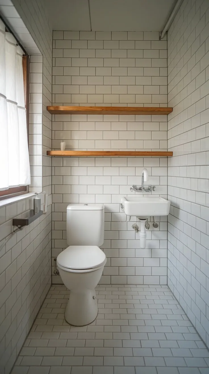 A small bathroom maximizes space with clean white lines and a touch of wood.