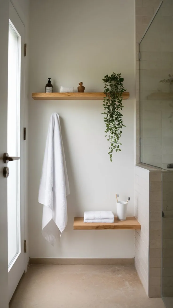 Soft light illuminates a serene small bathroom, minimalist design highlighted by wood, plants, and calming whites.