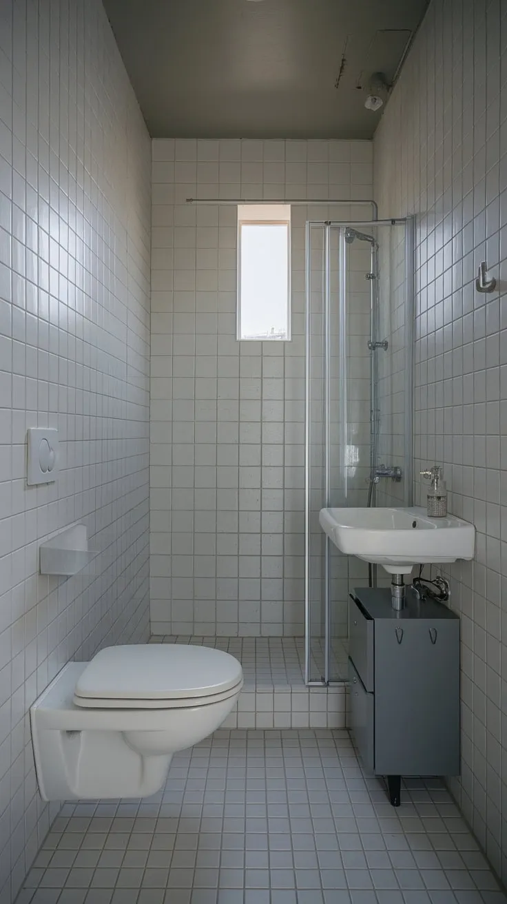 A tiny, bright bathroom boasts a simple, elegant design with a white palette and minimal fixtures.