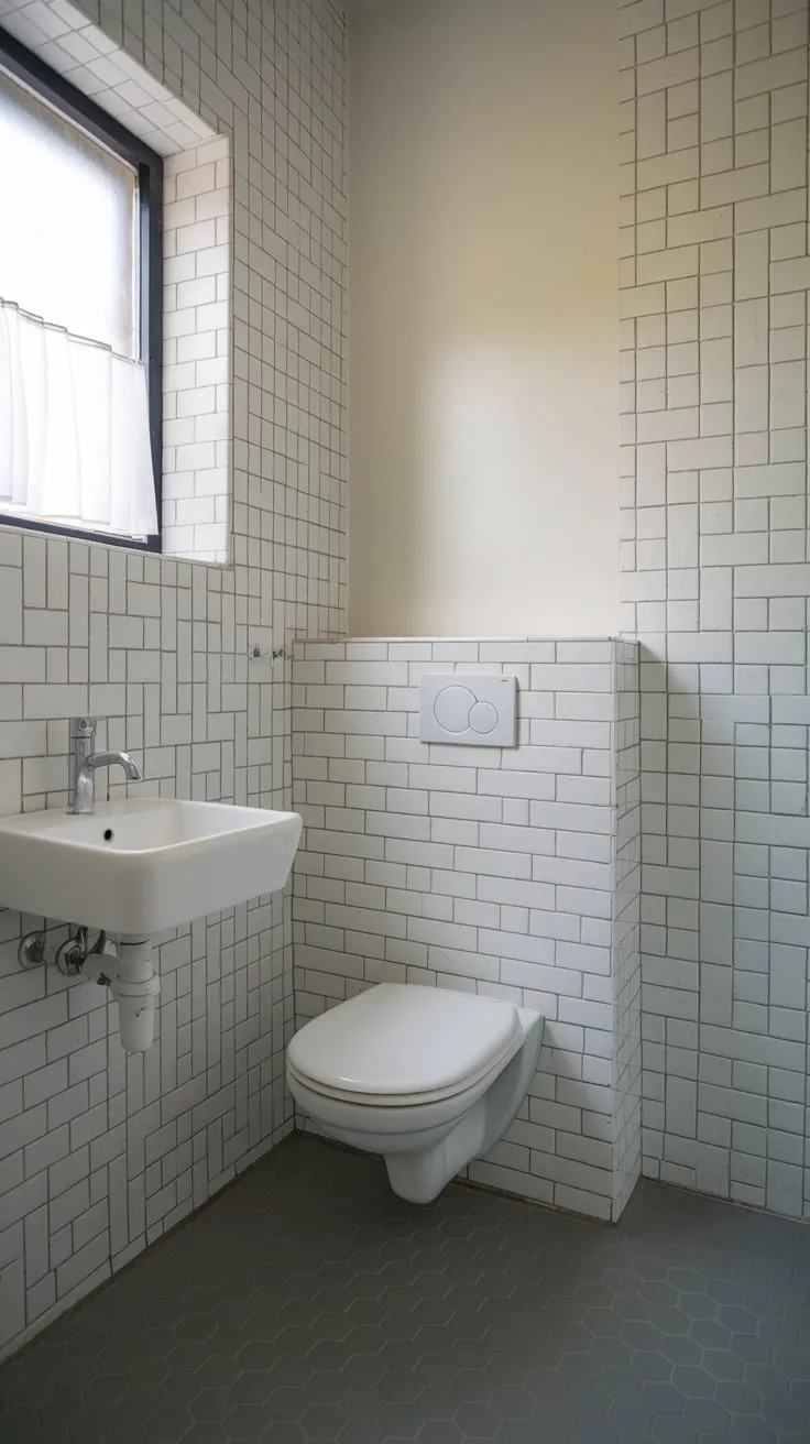 A tiny, bright bathroom boasts a minimalist design with white fixtures and chic grey tiling.