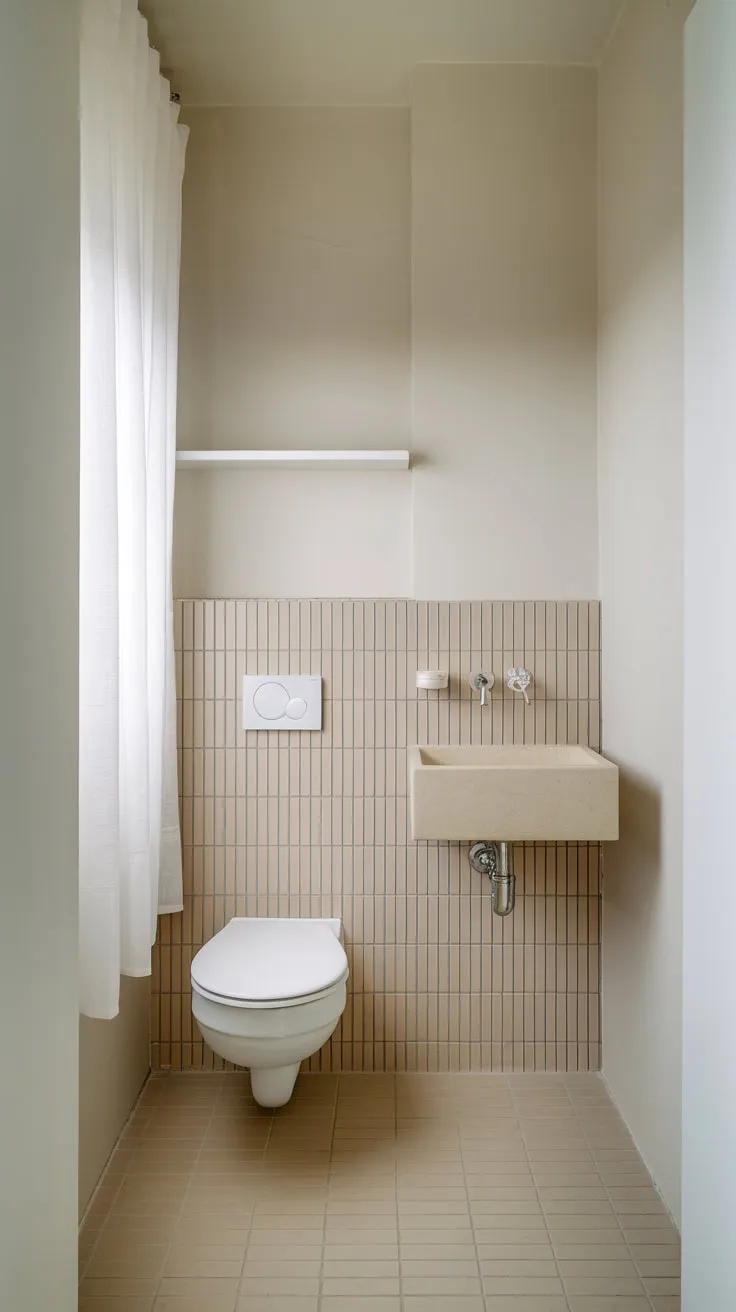 A small white bathroom with beige accents achieves maximum style with minimal clutter.