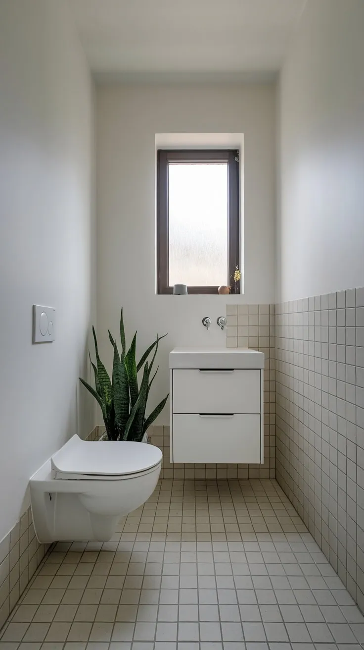 A small white bathroom maximizes space with a wall-mounted sink, minimalist vanity, and cheerful potted plant.