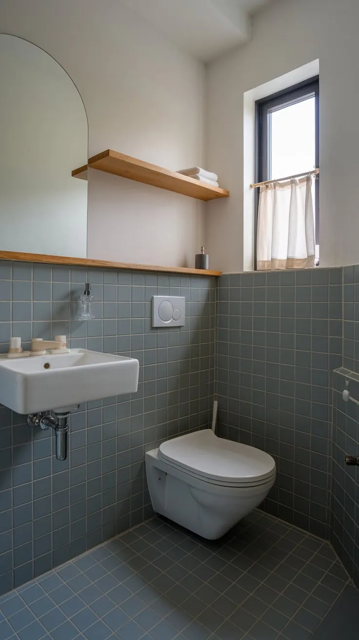 A small bathroom achieves stylish simplicity with white fixtures, grey tiles, and subtle wood accents.