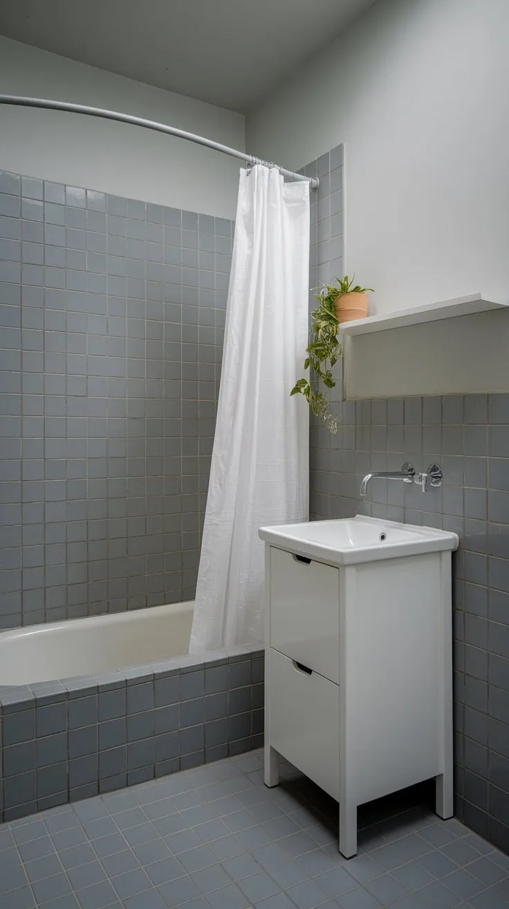Clean lines and grey tile create a serene minimalist haven in this small bathroom, accented by a single white vanity and a touch of greenery.