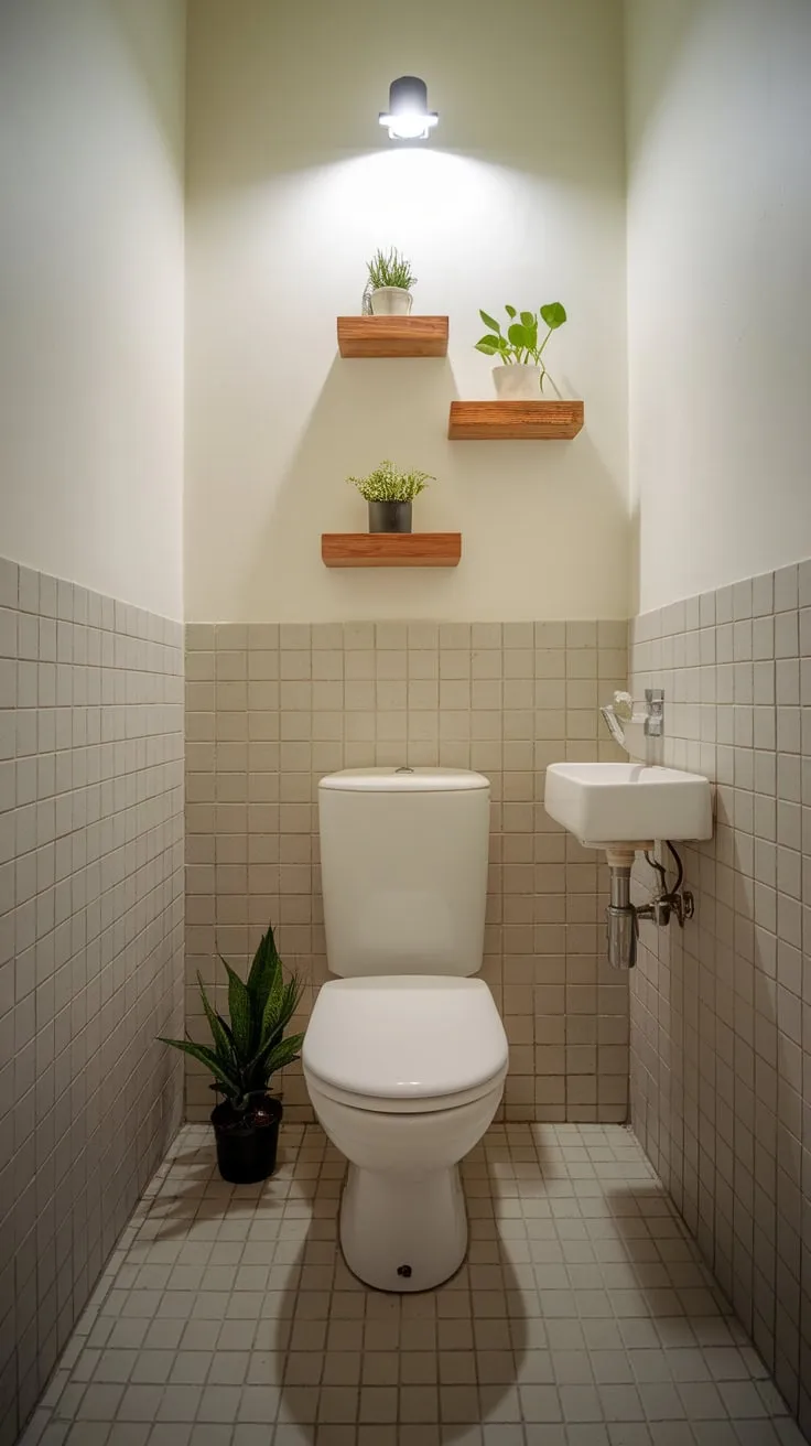 A tiny bathroom maximizes space with a minimalist white design, accented by greenery and soft beige flooring.
