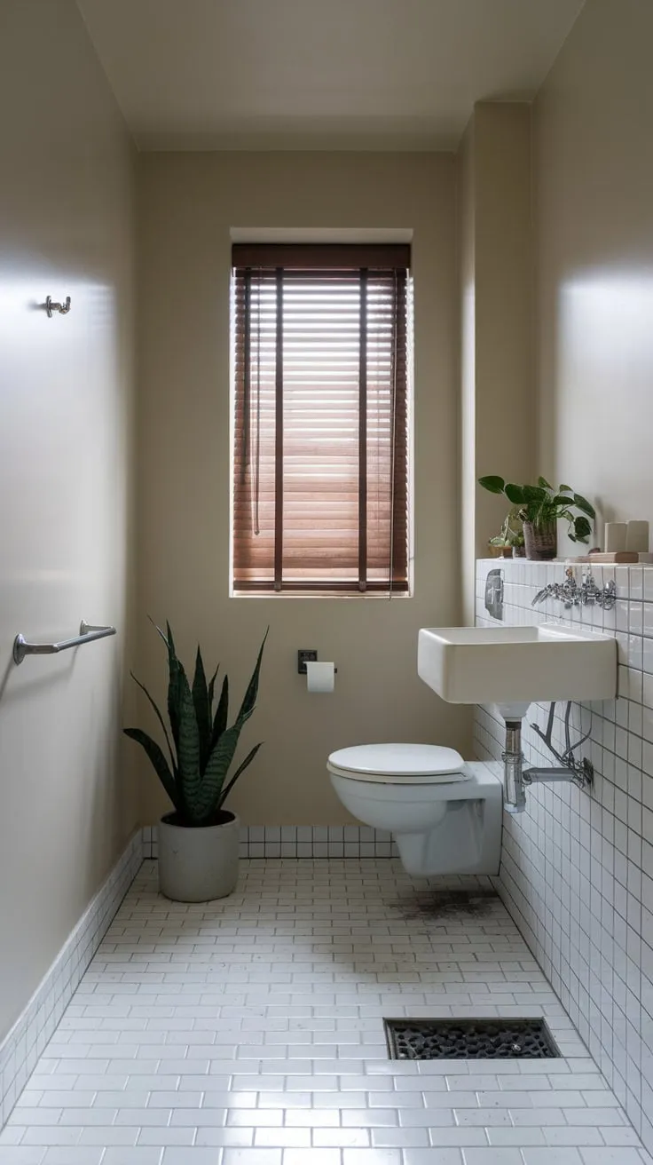 A tiny window, potted plant, and simple fixtures transform a compact space into a calming minimalist bathroom retreat.