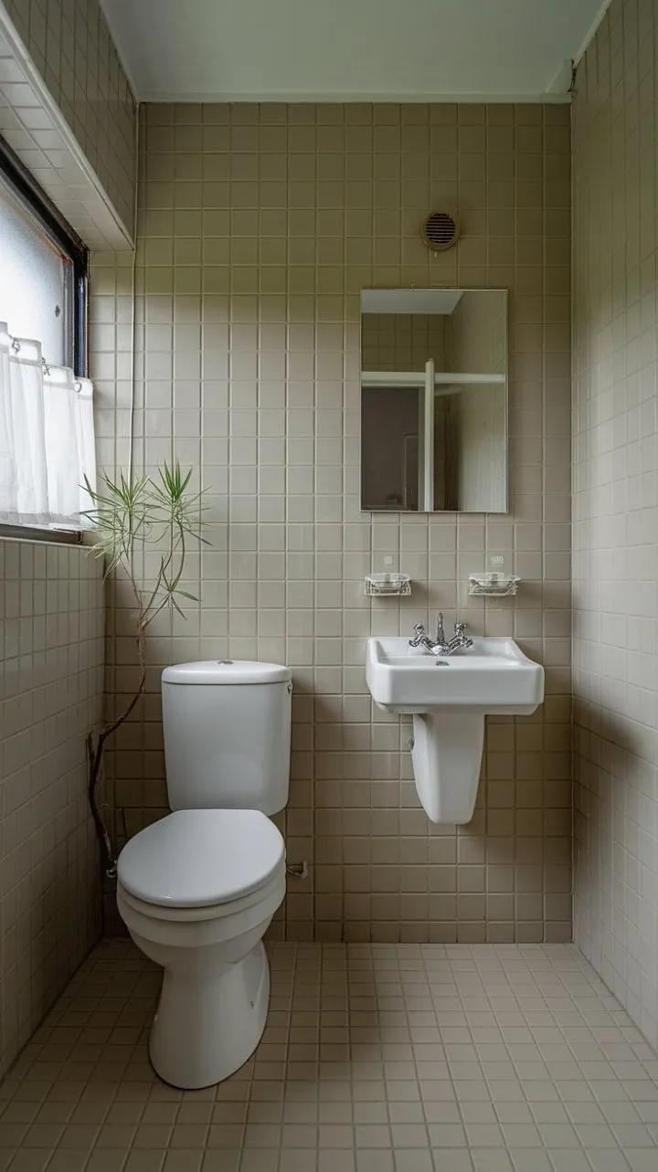 In a tranquil oasis of soft beige tiles and gentle light, a thoughtfully designed small space reveals that minimalist elegance thrives with just a hint of nature.