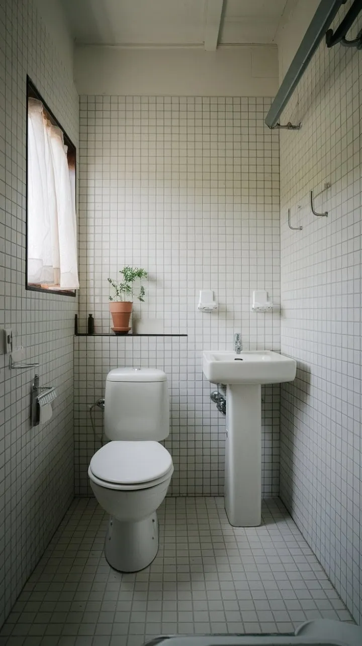 This small bathroom, adorned with pristine white tiles and a single plant, transforms minimalism into a serene sanctuary.