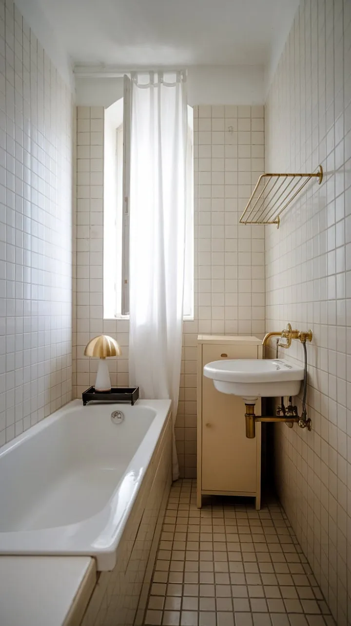 This minimalist bathroom is a tranquil oasis of serene simplicity, where soft beige and white tiles, gold accents, and natural light harmonize for daily rejuvenation.
