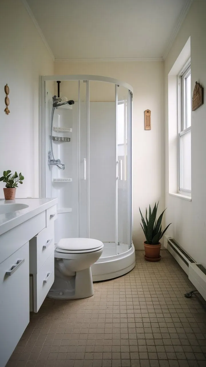 This minimalist bathroom, adorned with soft beige tiles and vibrant greenery, offers a serene sanctuary for mindful moments that refresh your day.