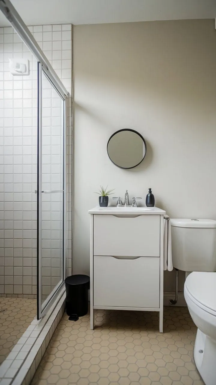 This small bathroom embodies serene simplicity with its minimalist design, natural light, and elegant hexagonal tiles, creating a tranquil retreat.