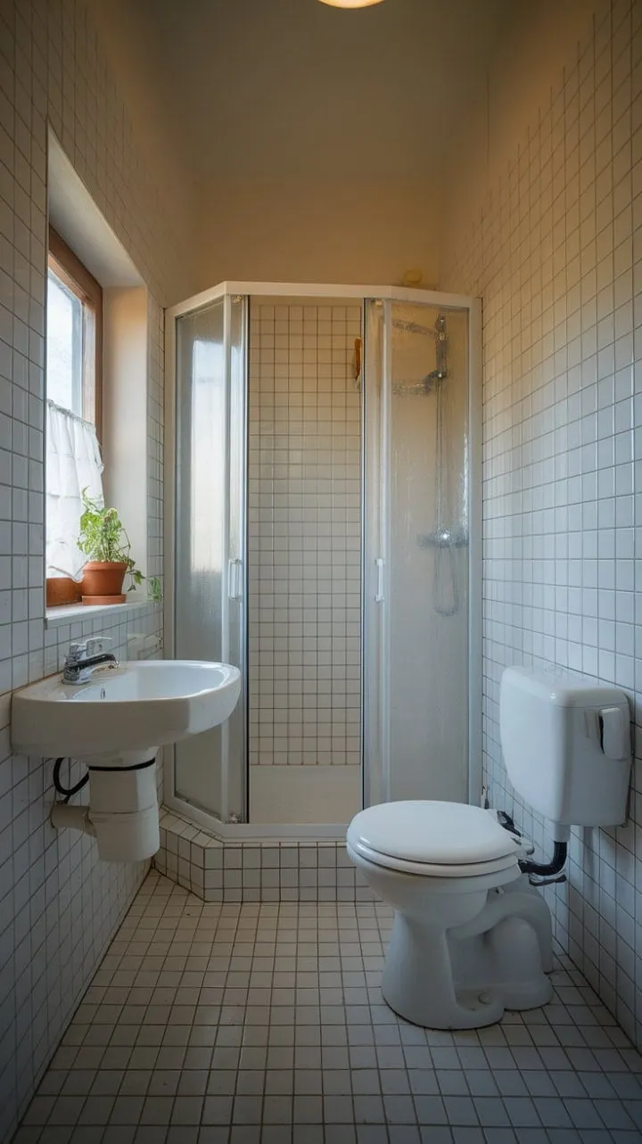 This minimalist bathroom, adorned with warm light and clean lines, embodies serene simplicity as a tranquil sanctuary of understated elegance.