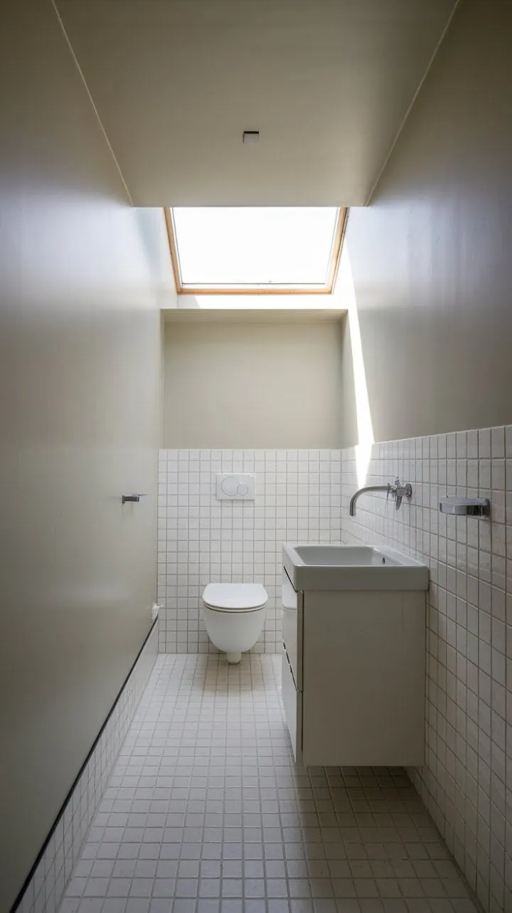This compact bathroom epitomizes minimalist elegance with its light grey walls and white fixtures, offering a serene escape that proves less truly is more.