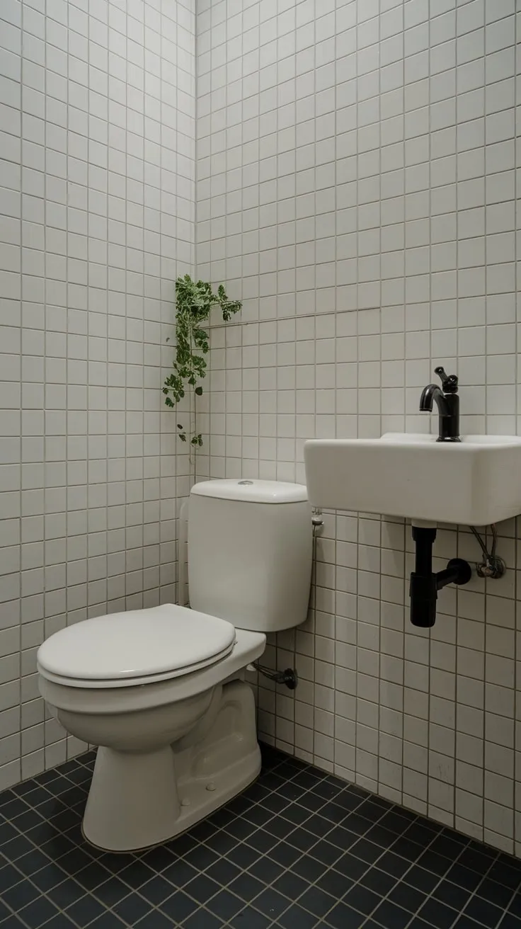 Chic black and white tiles, a minimalist white sink and toilet, and a small plant create a stylish small bathroom