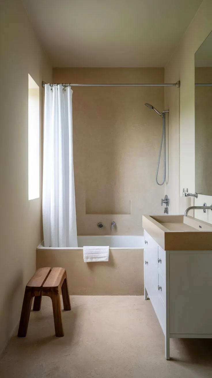 A tiny, bright bathroom boasts a minimalist design with white fixtures and beige accents, maximizing space and tranquility.