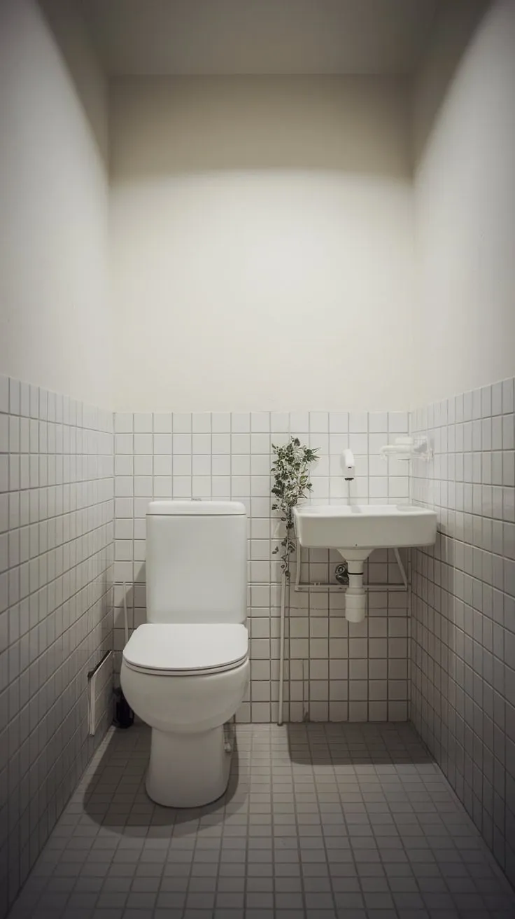 A minimalist white bathroom, small yet stylish, is brightened by a single plant and soft lighting.